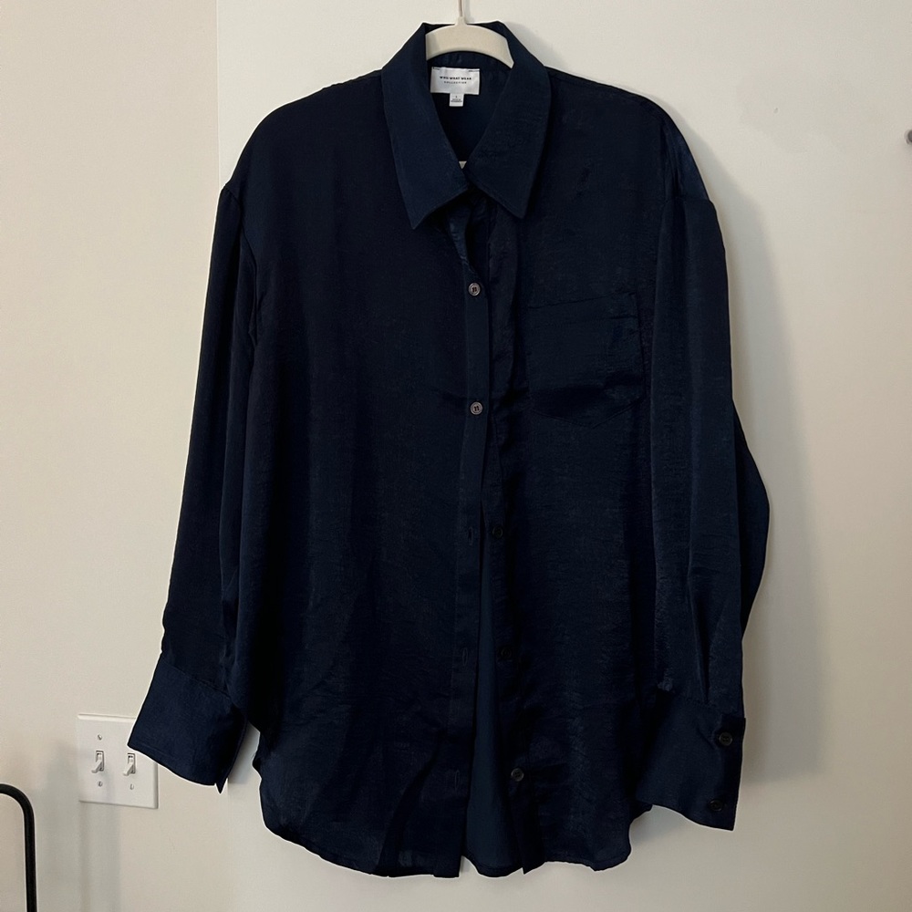Who What Wear Crinkled Satin Oversized Shirt in Midnight Blue